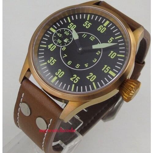 43mm corgeut black dial luminous marks bronze plated case sapphire glass 6497 hand winding mens watch