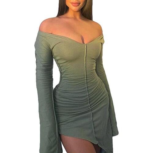 2021 New Spring Autumn Women Fashion Dresses Long Flare Sleeve Low-Cut Big Round Neck Sexy Irregular Slim Dress Parties