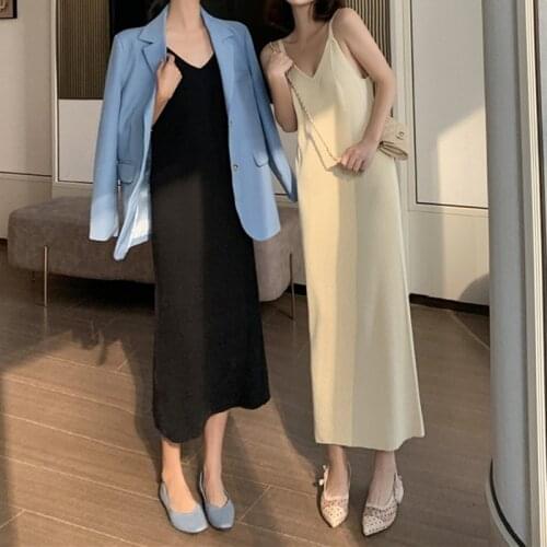 Mazefeng New 2020 Summer Women Dresseses Knitting V-Neck Bottoming Elegant Sexy Casual SunDresses Elasticity Long Dresses