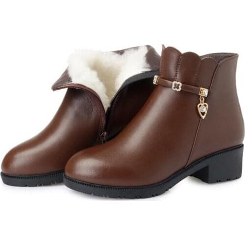2019 Autumn First Layer of Cowhide Women Boots Thick Heel Non-slip Plus Size Warm Plush Wool Boots Women Shoes Winter Snow Boots