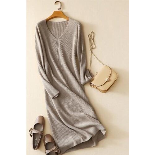 Autumn new womens v neck long sleeve softness 100% cashmere knitted dress pullover