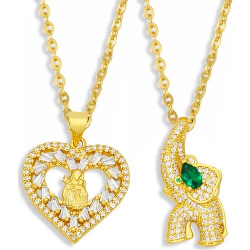 FLOLA White Stone Heart Virgin Mary Necklace For Women Gold Plated Elephant Necklace Pendant CZ Wholesale Jewelry Gifts nkev42