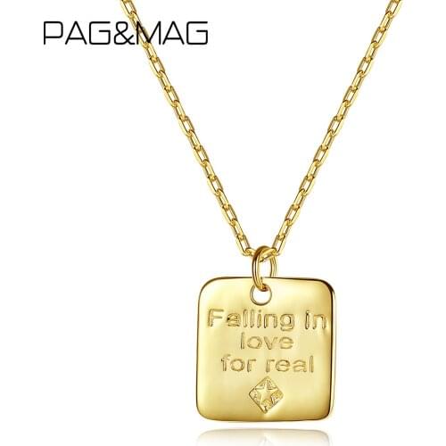 PAG&MAG 100% 925 Sterling Silver Square Pendant Necklace For Women Engrave Falling in love for real Pendant Jewelry SN-390