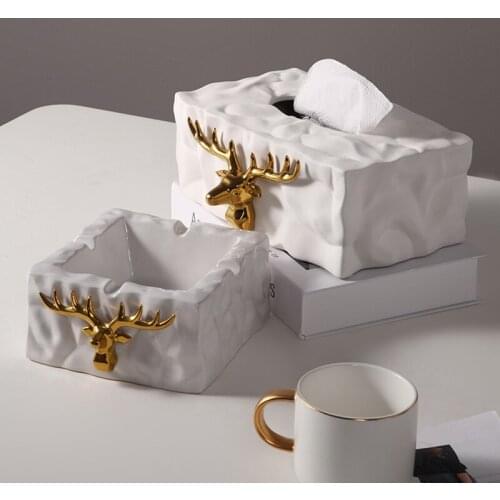 Luxury Ceramic Elk Tissue Box Creative Living Room Dining Table High-end Black and White Paper Tube Home Decoration Storage Box