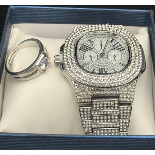 Luxury Men Silver Color Watch & Ring Combo Set Adjustable Ring Rock Rapper Men Jewelry Fashion Gift In Crystal For Men