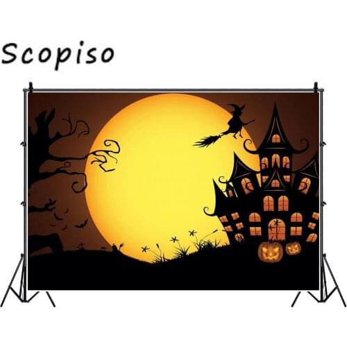 Scopiso Halloween Backdrop Cartoon Moon Castle Witch Pumpkin Lantern Vinyl Photography Background For Photo Studio Backdrops