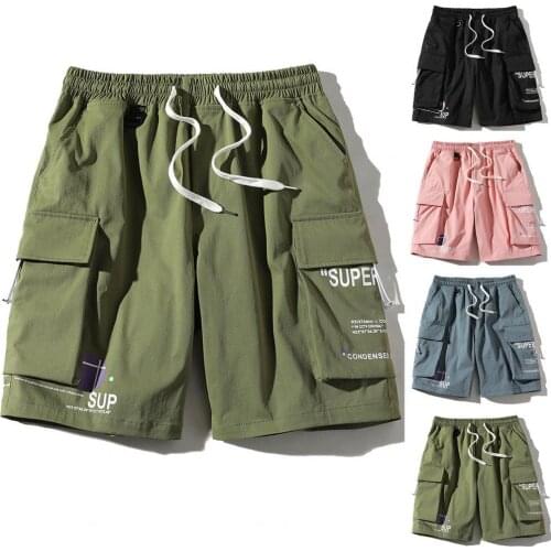 Summer Mens Solid Color Cargo Shorts Knee Length Wide Male Jogger Board Shorts Letter Print Multi Pockets Casual Men Shorts