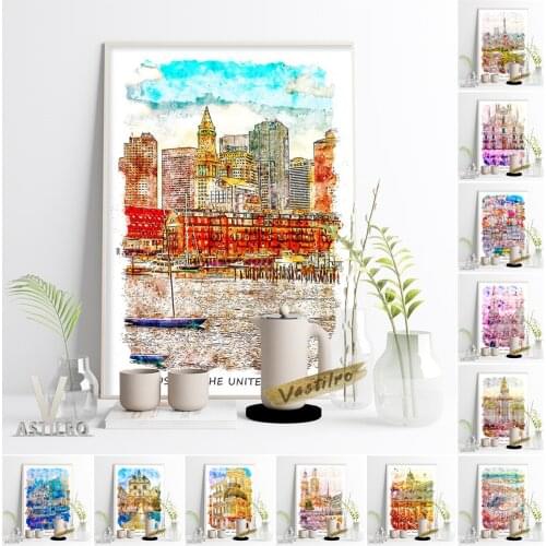 Modern Watercolour Travel City Poster Boston Tokyo Milan Dublin Moscow Bordeaux Canvas Painting Cannes Lyon Brussels Home Decor