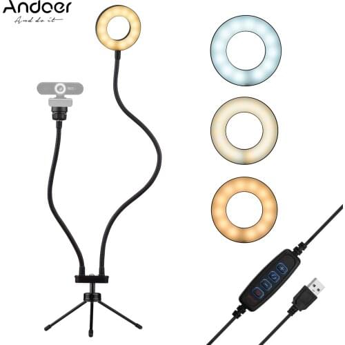 Andoer 3.5-inch LED Ring Light 5W 3 Colors 3800K-6800K Brightness Dimmable with Adjustable Stand 1/4 Mount Adapter Table Tripod