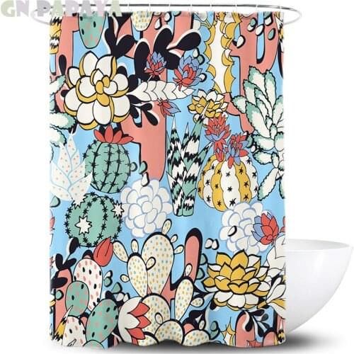 Tropical plant cactus blue Bath Curtains Waterproof Polyester Fabric cute kid‘s’ Shower Curtains Screen with Hooks Accessories