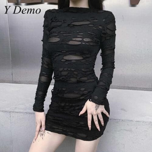 Y Demo Gothic Y2K Hollow Out Slim Women Dress O Neck Long Sleeve High Waist Sexy Dresses Female 2020