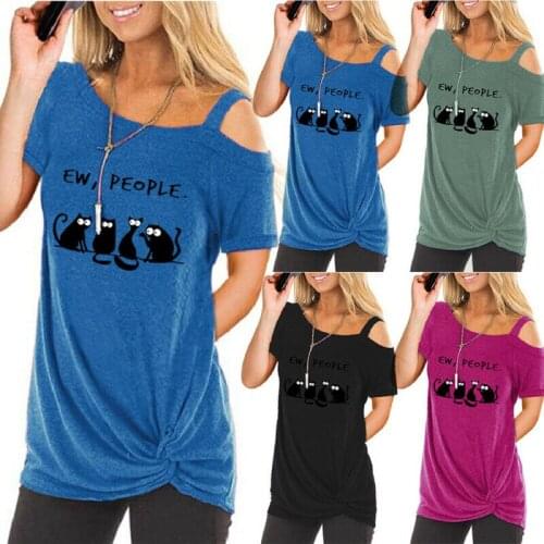 Women Short Sleeve Top Printed Knotted Off-Shoulder Ladies Summer T-Shirt Top