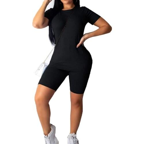 Women Summer Outfit, Solid Color Round-Neck Short-Sleeves T Shirt + Elastic Waist Shorts Suits for Ladies, 7 Colors