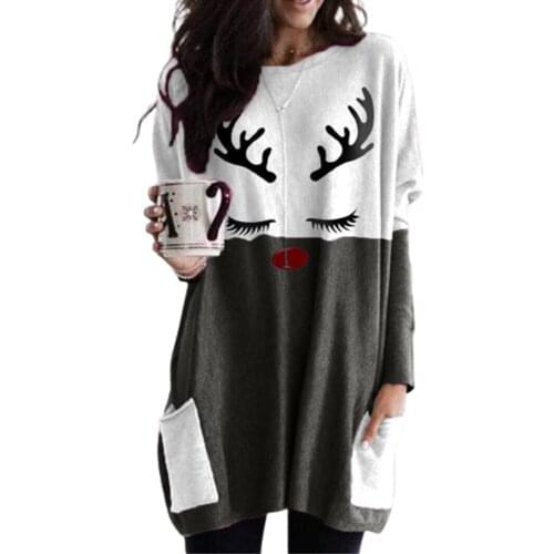 HOT SALES!!!New Arrival Women Autumn Christmas Cute Printed Long Sleeve Patchwork T-shirt with Pockets