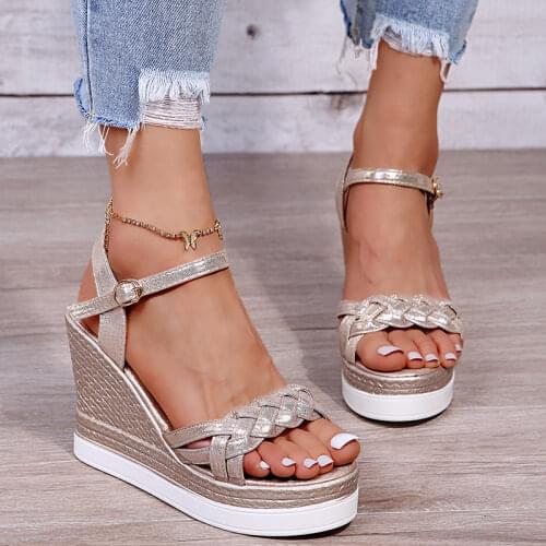 Summer 2021 Fashion Sandals Women Bling Luxury Weave Leather Platform Wedge Heel Height Increasing Peep Toe Shoes Ladies Whosale