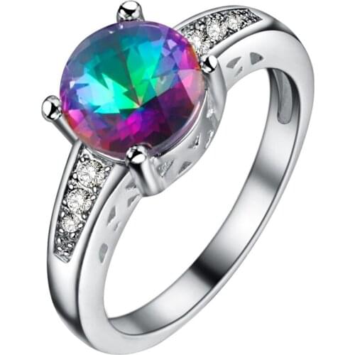 Women Silver Color Rainbow Ring 2017 vintage colorful zircon jewelry wholesale 7 color New Fashion crystal Wedding Rings