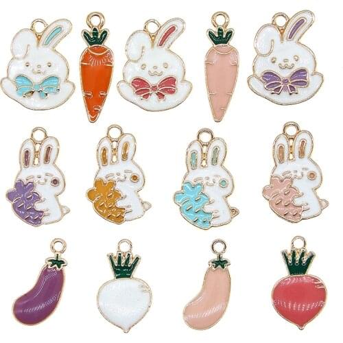 10pcs/lot Cute Enamel Animal Plant Rabbit Radish Eggplant Carrot Charms For Earrings Bracelet DIY Jewelry Making Findings XL1109
