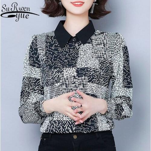 Blusas mujer de moda 2021 OL chiffon blouse Spliced Geometric Turn-down Collar black long sleeve tops plus size women 8213 50