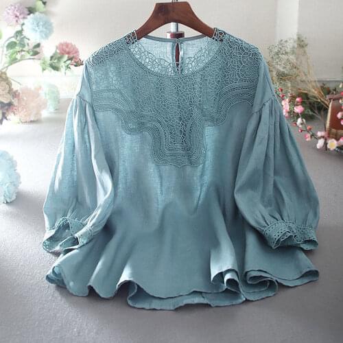 Cotton Linen Women Blouse Summer New 2021 Solid O-Neck Lantern Sleeved Loose Lace Patchwork Female Pulls Outwear Tops Tees