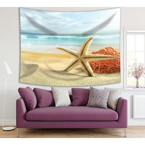 Tapestry Starfish Sand Cloudy Summer Day at the Beach Peaceful Nature Romantic Scenery Printed Beige Green