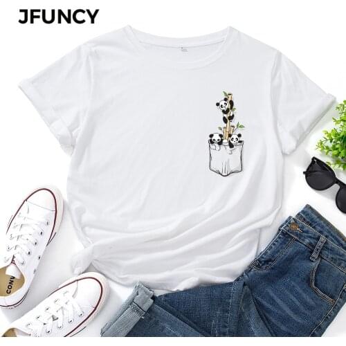 JFUNCY Short Sleeve Womens Cotton T-shirt Cute Panda T Shirts Female Graphic Tees Tops Lady Tshirt