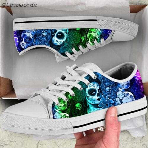 ELVISWORDS Skull Day of the Dead Classic Low Style Womens Sneakers Flats Canvas Vulcanized Shoes for Teen Girls Casual Zapatos