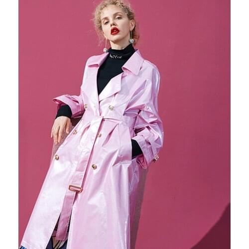 Lautaro Pink long patent leather trench coat for women long sleeve double breasted oversized high fashion womens clothing 2020