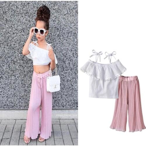 2020 New Summer Girls Clothing Sets Kids Lace Halter T-shirt +Wide Leg Pants Suits Children Baby Girl Clothes 2-6 Years