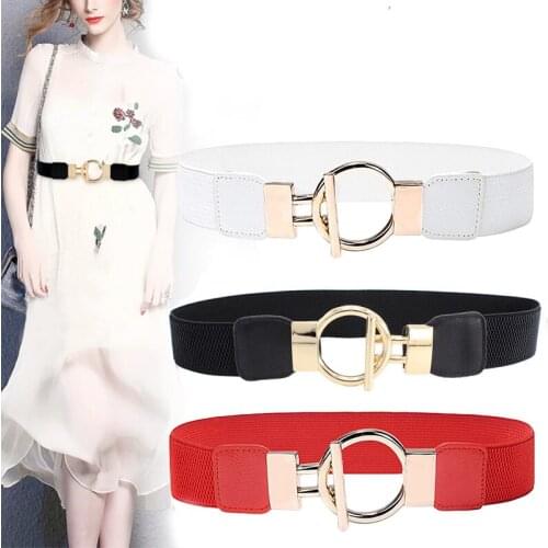 Fashion Women Elastic Belts Designer Brand Simple Gold Round Buckle Waist Strap Dress Coat Sweater Lady Decorative Waistband
