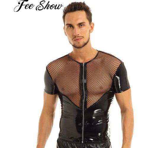 Mens Wetlook Patent Leather Fishnet Splice Exotic Tanks Clubwear Short Sleeve Round Neck Front Zipper Top Shirt Stage Costume