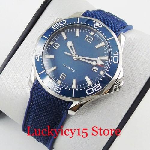 BLIGER Nologo Mechanical Men Watch 41mm Silver Color Case Sapphire Glass Ceramic Bezel Rubber Strap Automatic Movement