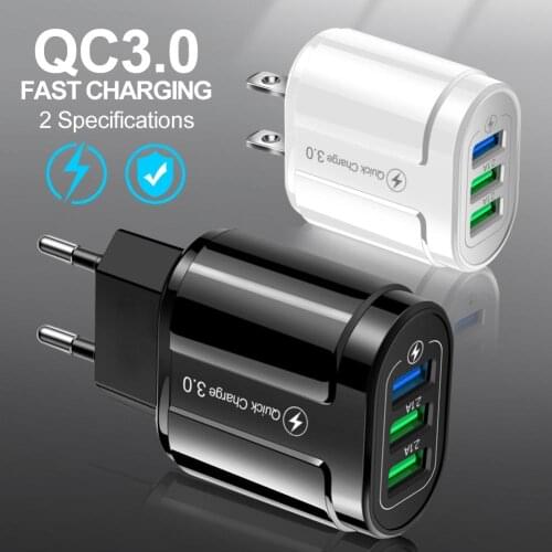 Portable USB Charger QC3.0 3A 3 Port Fast Charging Wall Charger for iPhone Huawei Galaxy Moble Phone Charger Adapter US/EU Plug