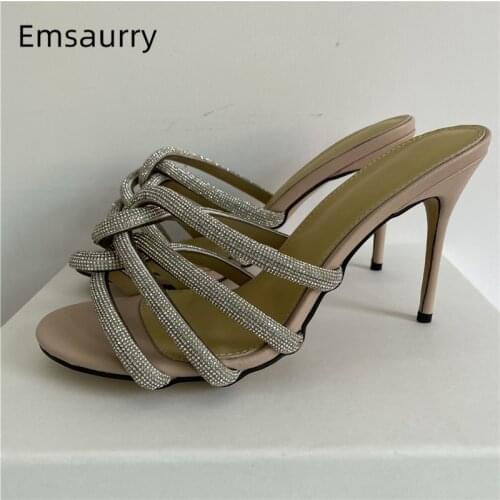 Sexy Cross Braided Narrow Band Sandals Women 10cm Stiletto Heel Slingbacks Diamond Rhinestone Slip-on Summer Mules