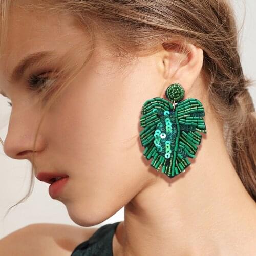 Palm Leaf Bead Statement Drop Earrings-Bohemian Beaded Round Dangle Earrings Gift for Women