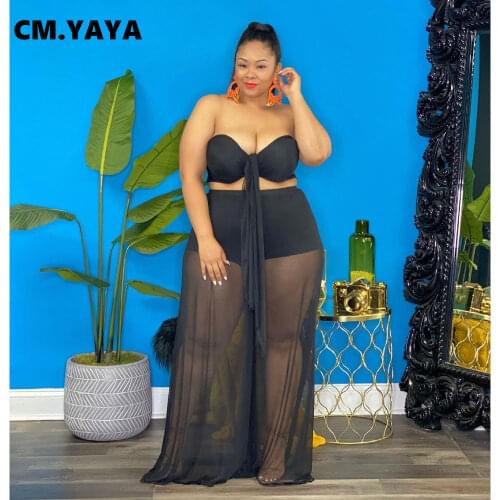 CM.YAYA Women Plus Size Set Solid Mesh Sleeveless Strapless Crop Tops Wide Leg Pants 2 Two Piece Sets Tracksuit Summer Outfits