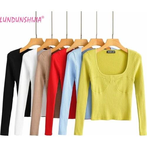 LUNDUNSHIJIA 2020 Spring Autumn Ladies Long Sleeve Short Slim Square Collar Pullovers Women Sexy Knitwear Sweaters 6 Colors