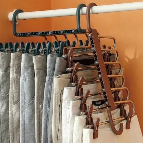Stainless Steel Telescopic Hanger Multifunctional Folding Multi-layer Trouser Rack Household Pants Clip Wardrobe Storage Rack