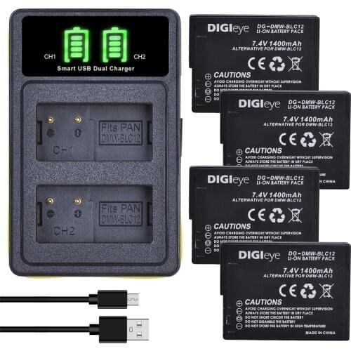 4PC DMW-BLC12 BLC12 DMW-BLC12E DMW-BLC12PP Battery + LCD Dual Charger for Panasonic Lumix DMC-G85,FZ200,FZ1000,G5,G6,G7,GH2,GX8