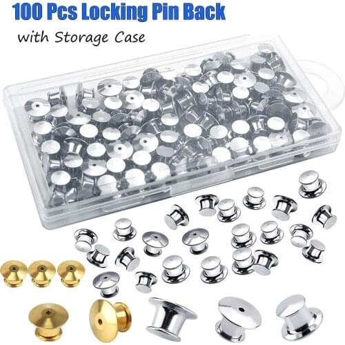 100 Pieces Metal Pin Backs Locking Backs with Storage Case