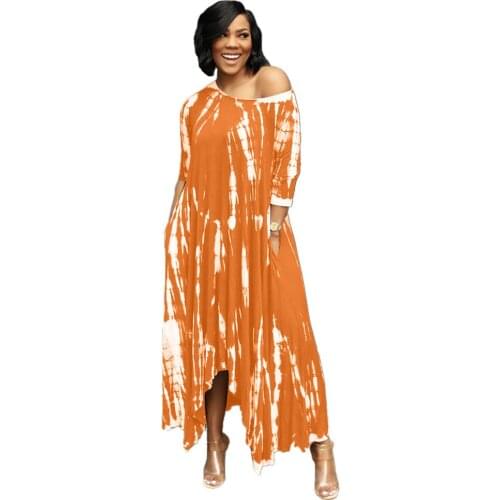 Womens Clothing Summer 2021 Long Skirt Split Wide Neck Tie-Dye Dress with Pockets Loose Ladies Womens