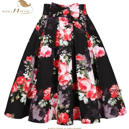 SISHION 2021 Summer Floral Print Women Skirt SS0012 High Waist Y2K Plus Size Pleated Bow Pocket Femme Jupes Midi Black Skirt