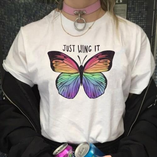 Women T Shirts Just Wing It Letter Printed Tshirt Korean Harajuku Butterfly Fashion T Shirt Casual Top Tee Summer Female T-shirt