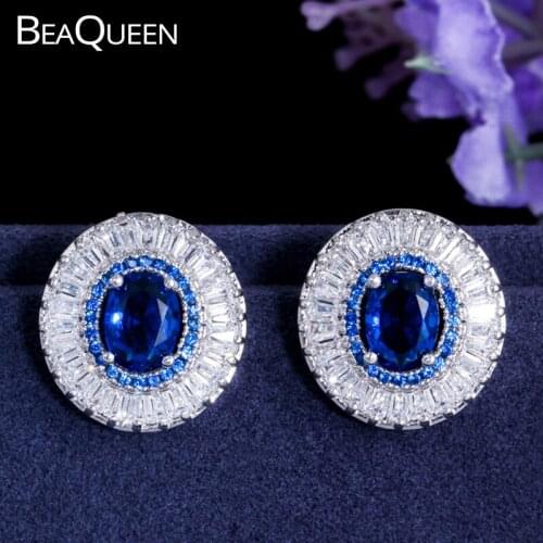 BeaQueen Brilliant CZ Crystal Ear Jewelry Inlaid Royal Blue Cubic Zirconia Stone Big Round Post Stud Earrings for Women E091