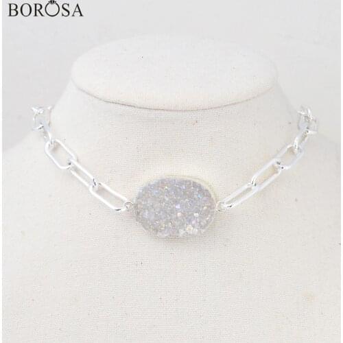 15'' Silver Plated Natural Agates Druzy Necklaces For Women AB Druzy Metal Necklace with CZ Lock Clasp Lock Choker Women HD0350