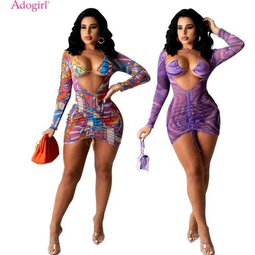 Adogirl Women Print Sheer Mesh Drawstring Bodycon Mini Dress with Bra Fashion Sexy Deep V Neck Long Sleeve Club Party Wear