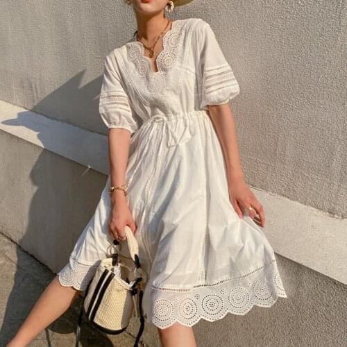 Vintage Hollow Embroidery Women Dresses V-Neck Puff Sleeve Lace Up Vestidos Casual Chic Beach Bohemian Prom Midi Dress De Mujer