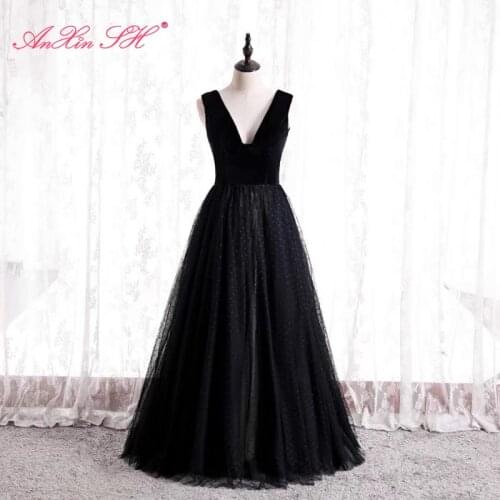 AnXin SH princess black velour lace evening dress vintage party v neck sleeveless zipper evening dress little black dress