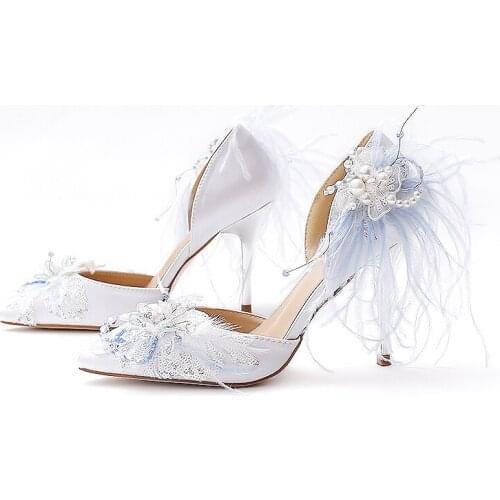 Summer new hollow pointed rhinestone lace girl light blue feather bridal wedding shoes elegant banquet dress wild sandals
