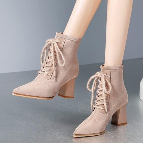 Ankl Boot for Woman Fashion Square Heel Shoes Women Pointed Toe Boots Femme Autumn Winter Lace-Up Suede Dress Wedding Shoes