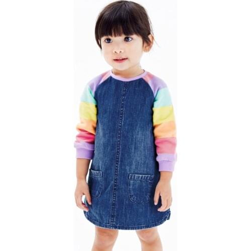 Brand Quality Terry Cotton Denim Jean Children‘s Clothing Princess Casual Dresses for Girls Kids Baby Girl Clothes Dress Rainbow